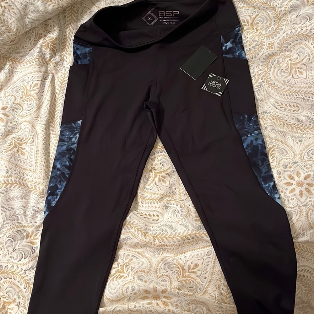 Womens workout leggings black with blue graphics accent color BSP Size Large